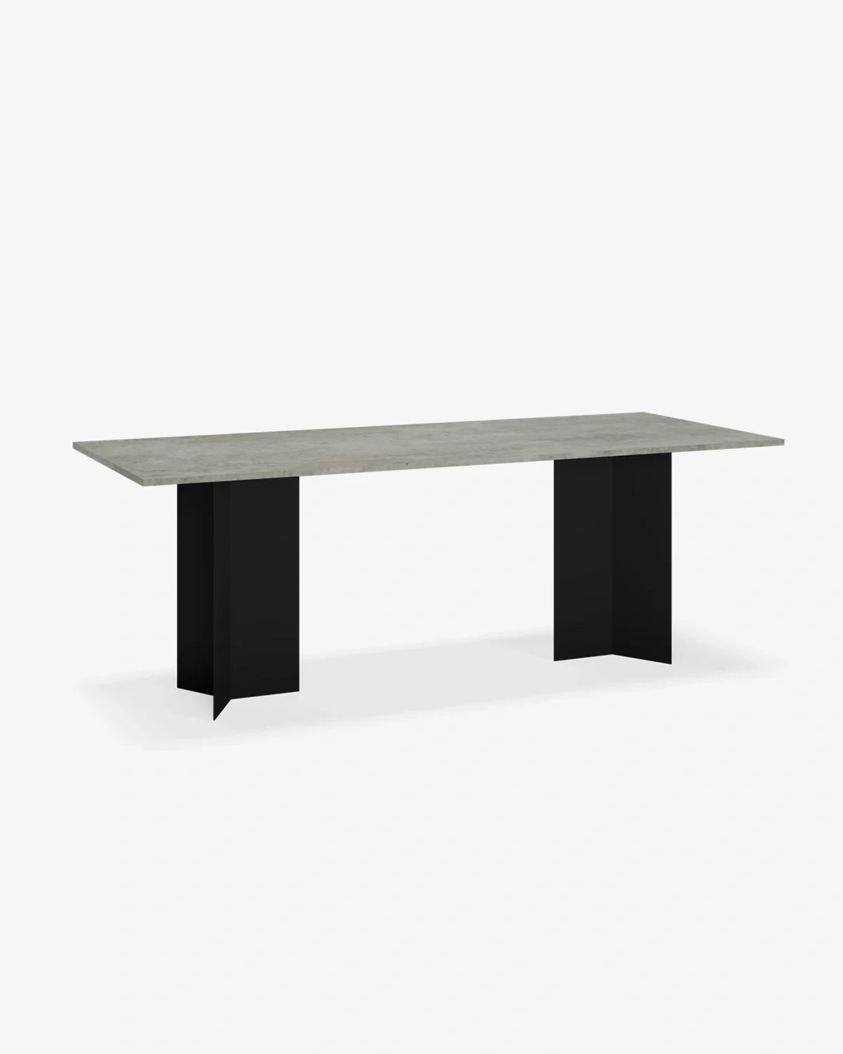 Ann outdoor dining table with a minimalist design featuring a grey top and black geometric legs, perfect for elegant outdoor settings.